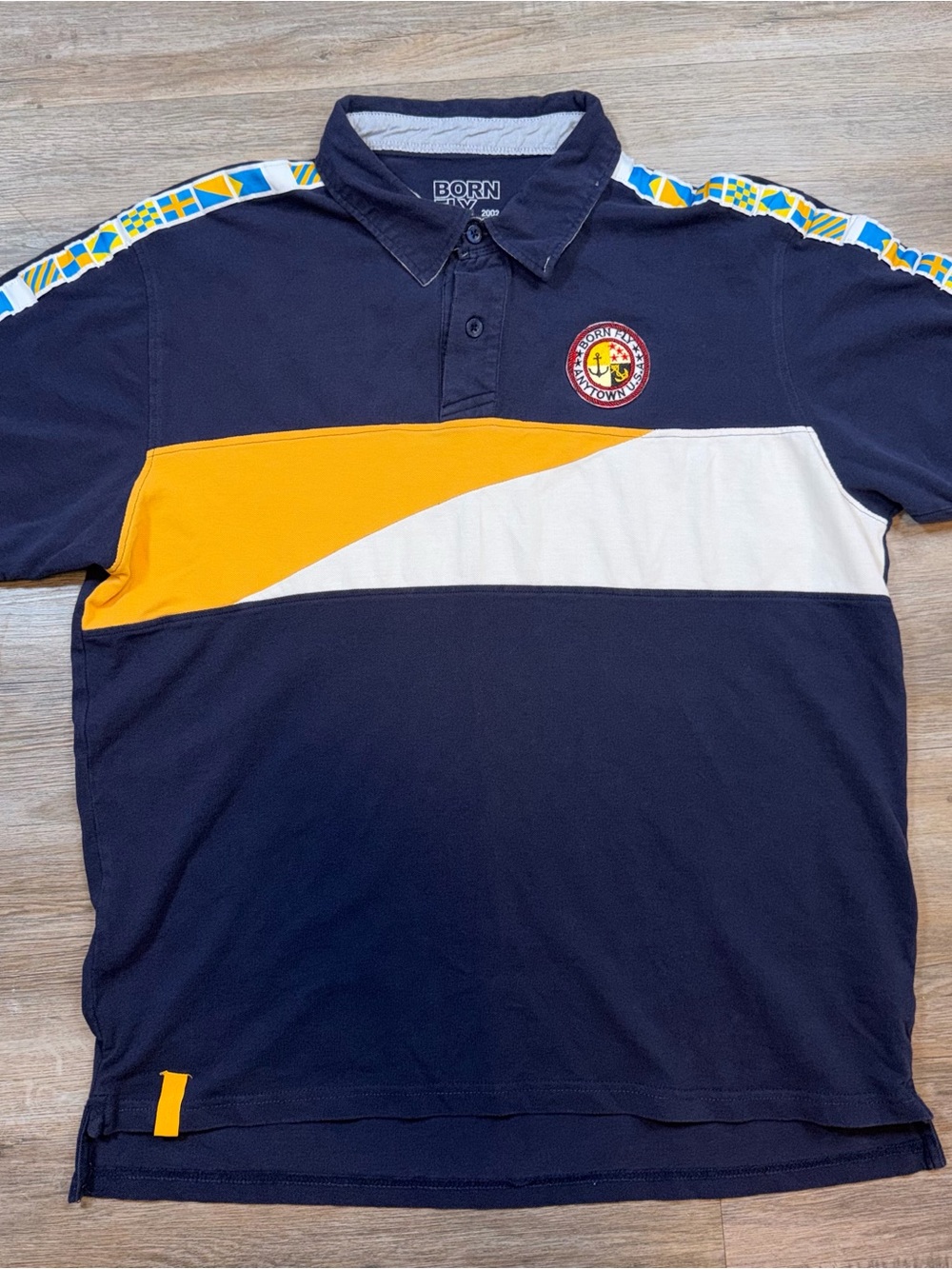 Born Fly Shirt Mens 2X-Large Polo Yellow and White Block Design Y2K Street Wear